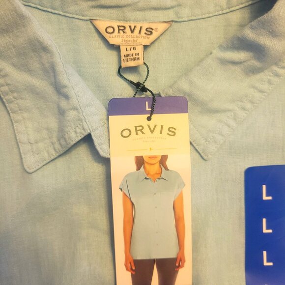 NWT! Orvis Women's Linen Blend Lt. Blue Capped Sleeve Button-up Blouse - Size L - Picture 9 of 11